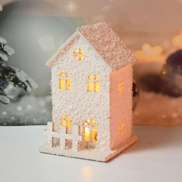 Jul led lys træ hus med snefnug lysende hytte jule pynt