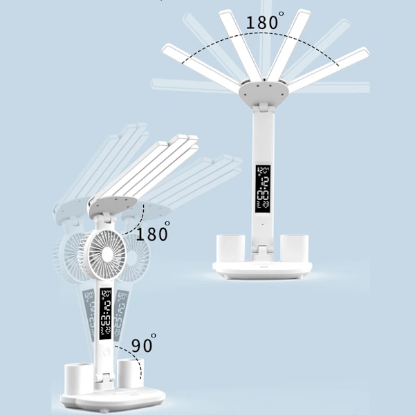 3i1 Multifunktion Bord Lampe LED Fire-hovedet Foldning Med Blæser Kalender Ur USB Genopladeligt Skrivebordslys 3 farvet Læselampe