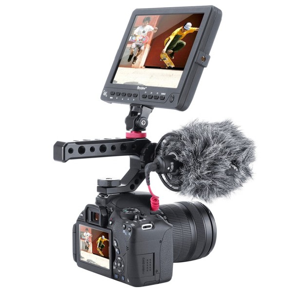 Aluminium DSLR Topp Håndtak Grip w Kald Sko Mount 1/4'' 3/8'' for Monitor Microphone Video Light