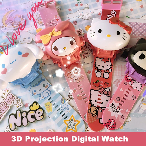 Hello Kitty Toys Set 3D Projection Digital Watch Cinnamoroll Kuromi Melody Anime Action Figures Model Toy