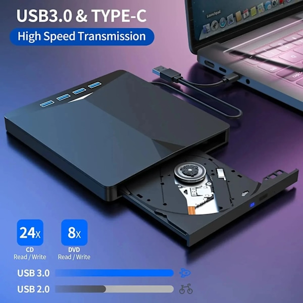 7-i-1 USB 3.0 Typ-c Extern DVD RW CD enhet Brännare läsare spelare