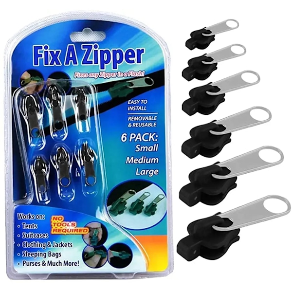 6 bitar Universal Instant Fix Zipper 3 Sizes Repair Kit