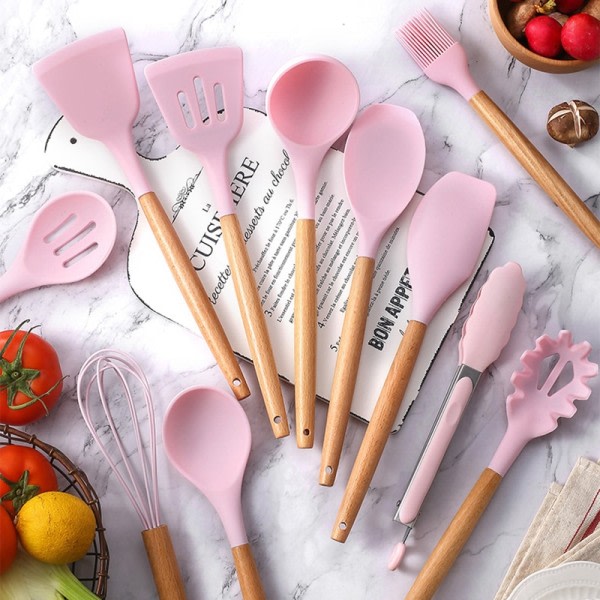 11 bitar set bok trä handtag silikon hög temperatur resistent matlagning redskap