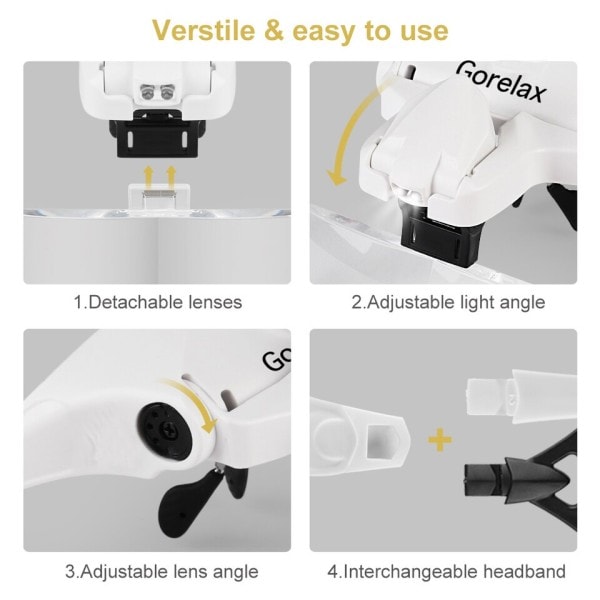 Forstørrelsesglas briller Med LED Lys Pandebånd Belysning Forstørrelsesglas Luppe Med 5 linse
