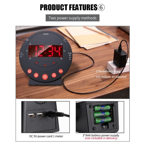 Super høy alarm klokke med seng shaker stor LED skjerm USB lade port vibrerende alarm