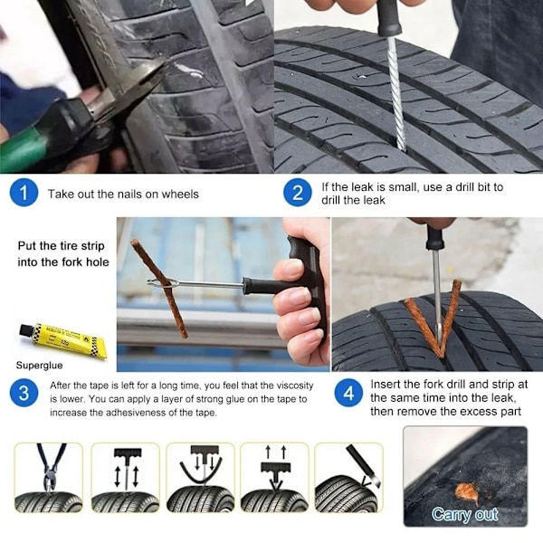 Punktering Reparation Kit Bil Däck Reparation Verktyg Kit Med Gummi Strips Tubeless Punkt Däck Reparation Verktyg