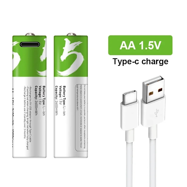 Hög kapacitet 1,5V AA 2600 mWh USB uppladdningsbart li-jon batteri