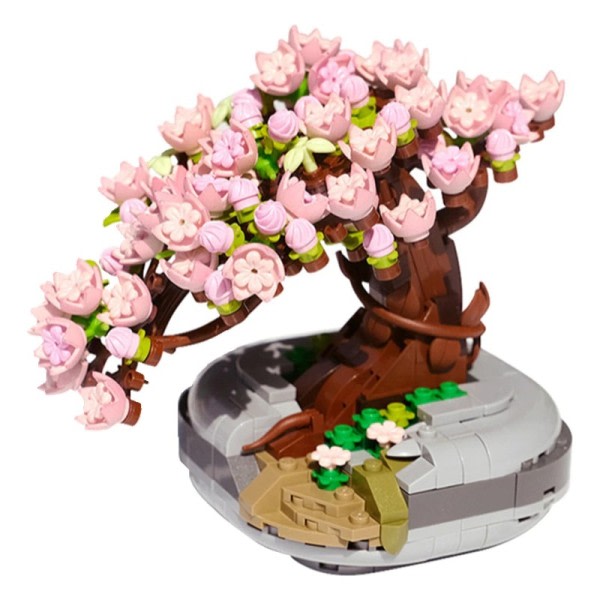 Blomst Pink Sakura kirsebær træ potte plante 3D model DIY mini klodser mursten bygning legetøj til børn