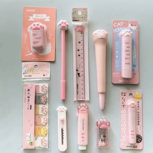 Barn Flicka Rosa Katt Paw Skrivpapper Set Gel Penna Korrektion Tejp Memo kuddar Radergummi Kniv Set