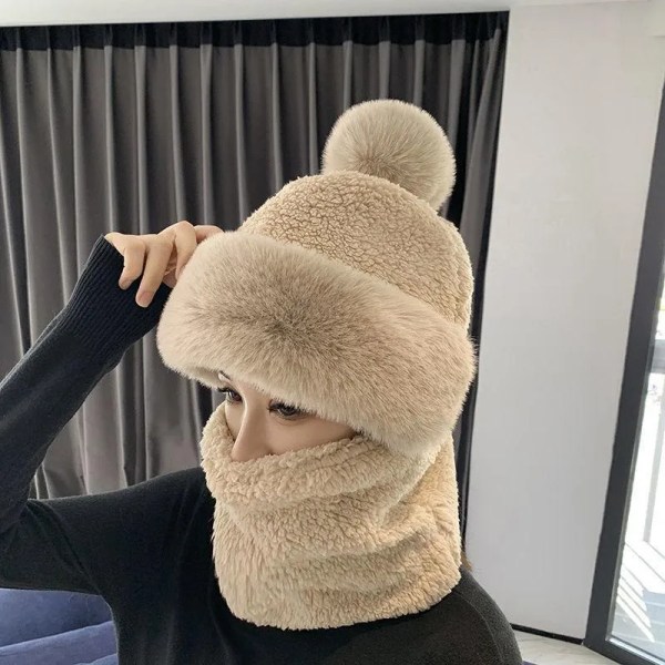 Vinter tørklæde sæt hætte til kvinder plys hals varm rusland udendørs ski vindtæt hat tyk plys fluffy beanies