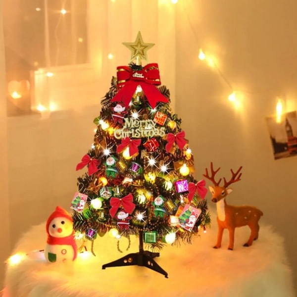 Jul träd set jul dekor med lampor skrivbord mini jul träd prydnader