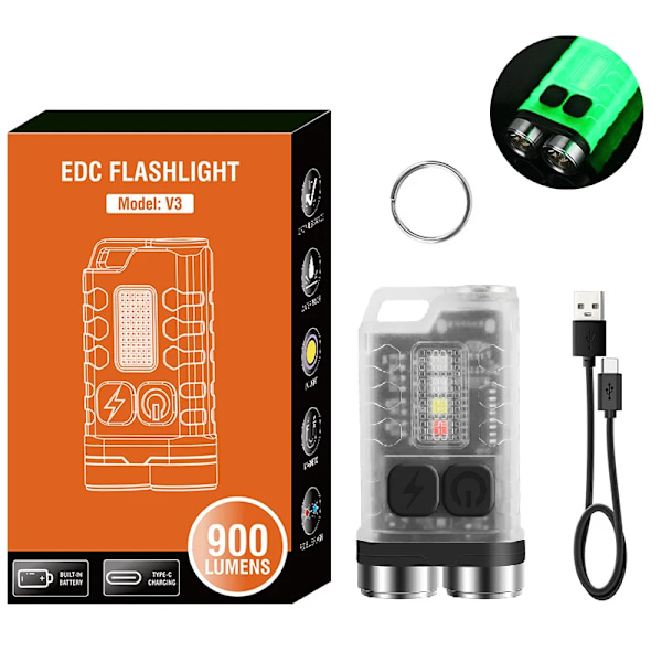V3 EDC Lommelykt Nøkkelring Lys 900 Lumens Håndholdt Bærbar Super Bright TYPE-C USB Lading Port Nød Work Camping Light