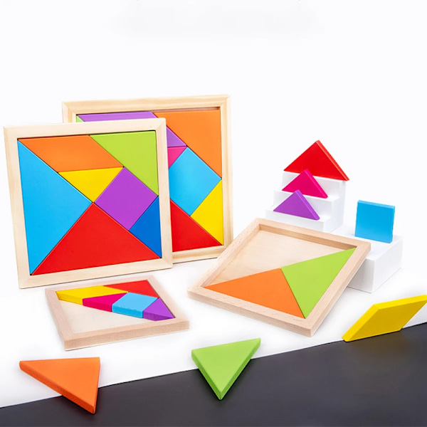 Trä tangram pussel för barn med 7 färgade bitar pedagogisk hjärnteaser lärande leksak