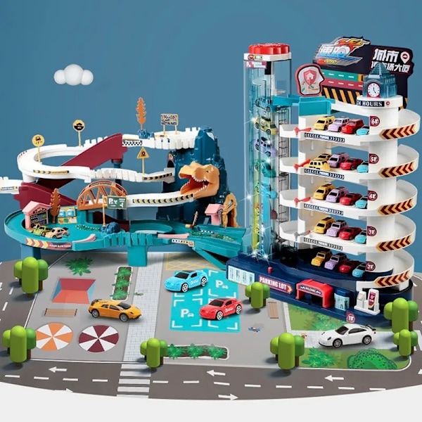 Elektrisk Rail Bil Dinosaur Bygning Parkeringsplass Eventyr Racing Rail Bil Leker
