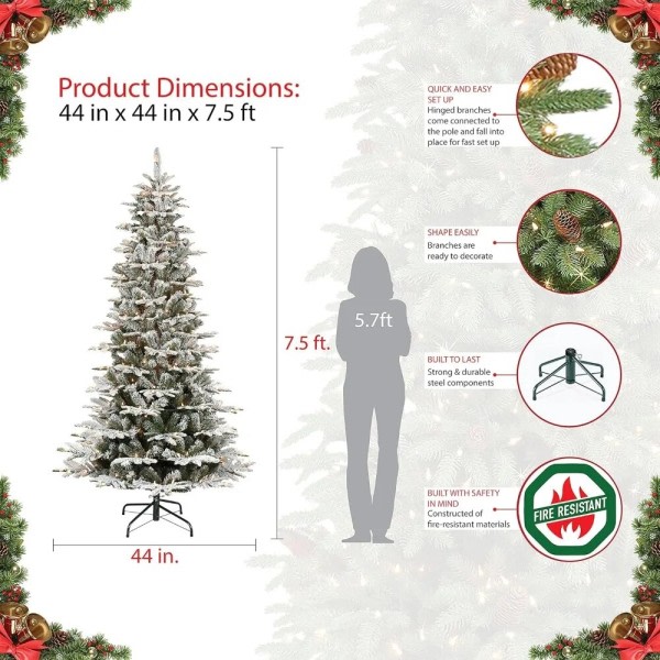 Jul pynt 7,5 fod Forbelyst Slank Flocked Esp gran Kunst jule træ