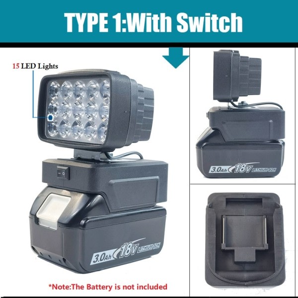 Arbeid LED Lys Med USB lader Med bryter for Makita 18V Li-ion Batteri  Trådløs Nød Flood Lampe 3134 | Fyndiq
