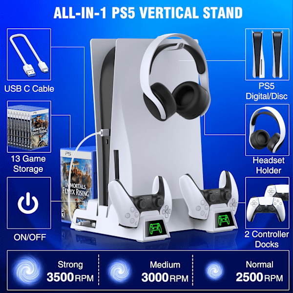 Vertikal kjøling stativ for PS5 kontroller lader med LED vifte for SONY Playstation 5 Digital / PS5 Disc Edition Console