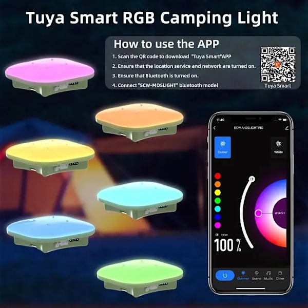 Camping Lantern Oppladbar LED Smart Lys Bluetooth Kontroll av Tuya APP Musikk Sync RGB LED Telt Belysning 13500mAh Utendørs 80W