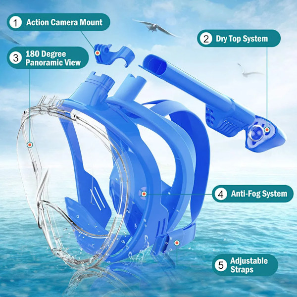 Hel ansikte snorkel mask med avtagbar kamera fäste snorkling simning dykning mask vid vy anti-dimma anti-läckage