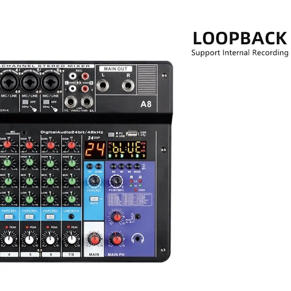 Professionell Ljud Mixer 8-Channel Ljud Mixing Console A8 Support Bluetooth USB 48V Ström Gränssnitt