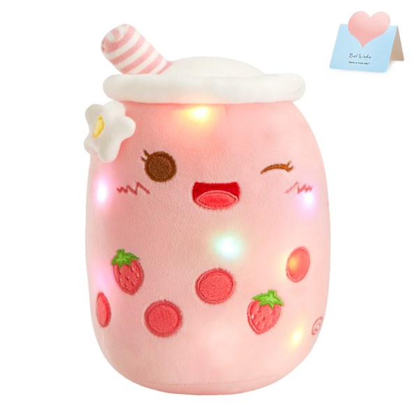 LED Lys Mælk Te Dukke Plys Legetøj Grøn Pink Blød Sød Pynge Puder Jordbær Fyldte Dyr
