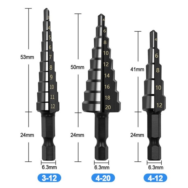 3st HSS Rak Spår Steg Bor Bit Set Titanium Belagd Trä Metall Hål Cutter Kärna Borr Bit Set