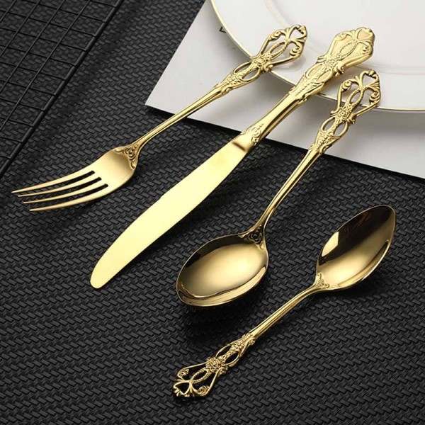 24st Bestick Set Guld Servis Rostfritt Stål Kungligt Sked Gafflar Kniv Kök Western Dinner Silver Servis