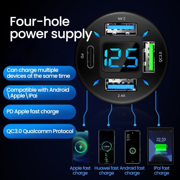 4 porte USB bil oplader hurtig opladning PD hurtig opladning 3.0 USB C bil telefon oplader adapter
