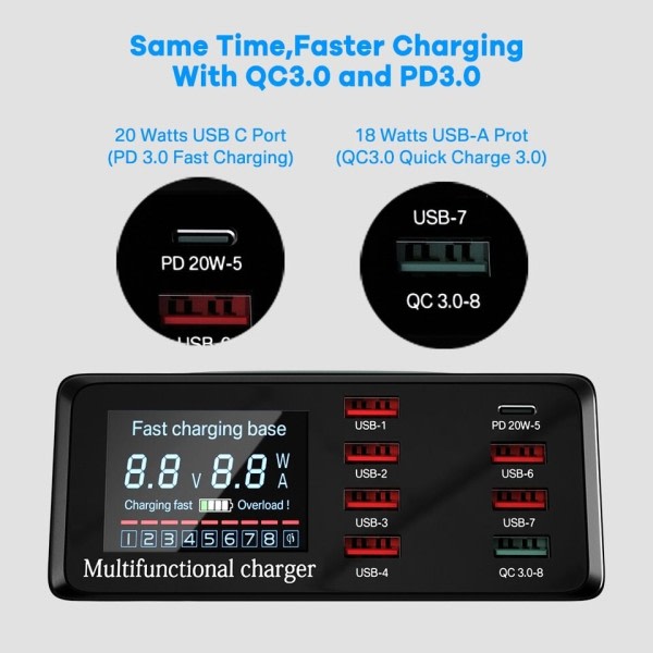 100W 8 porter USB lader stasjon med trådløs lading digital skjerm