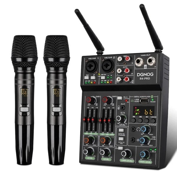 4 Kanals Lyd Mixer med Trådløs Mikrofon USB Lyd Bord Bluetooth Konsol DJ Mixing