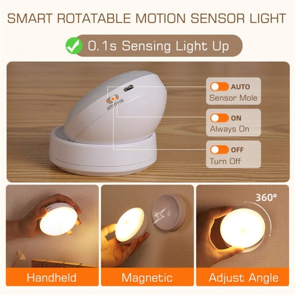 Bevegelse Sensor LED Natt Lys Vegg Lamper Oppladbare  Under skap Lys