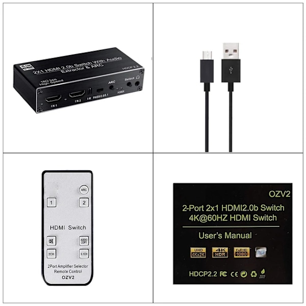 4K HDMI Switcher Audio Extractor 2 in 1 Out Vælger med R/L+Toslink SPDIF+COAXIAL