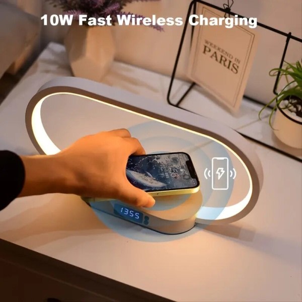 Multifunksjon Trådløs lader Pad Stativ Klokke LED Skrivebord Lampe Natt Lys USB Port Rask Lading Stasjon Dokk