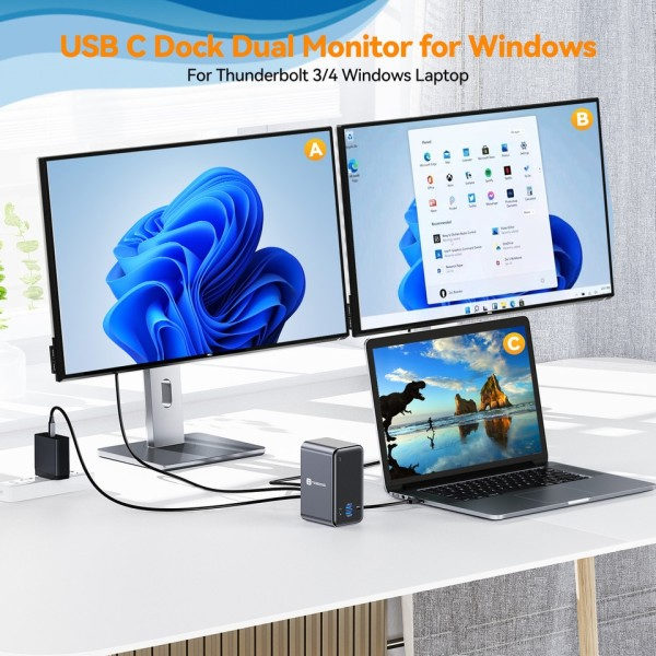 Dockning station 4K/60Hz Dual Monitor Display Med 2 HDMI VGA RJ45 USB C Splitter Hub