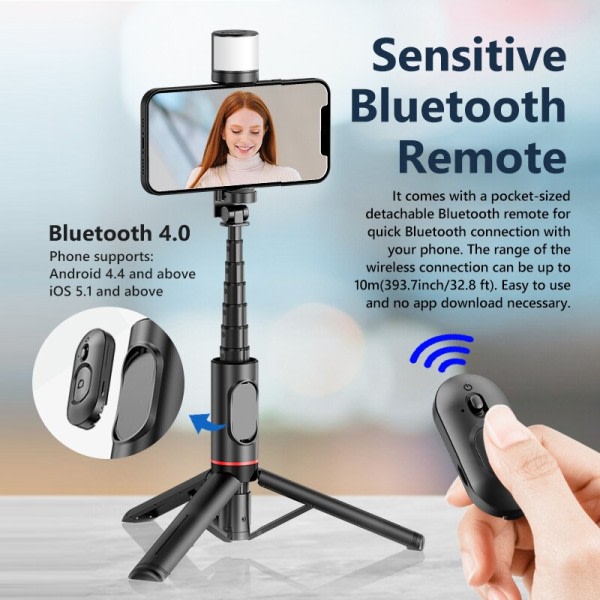 Selfie Stick Stativ med Fill Light Portable Trådlös Bluetooth Teleskop