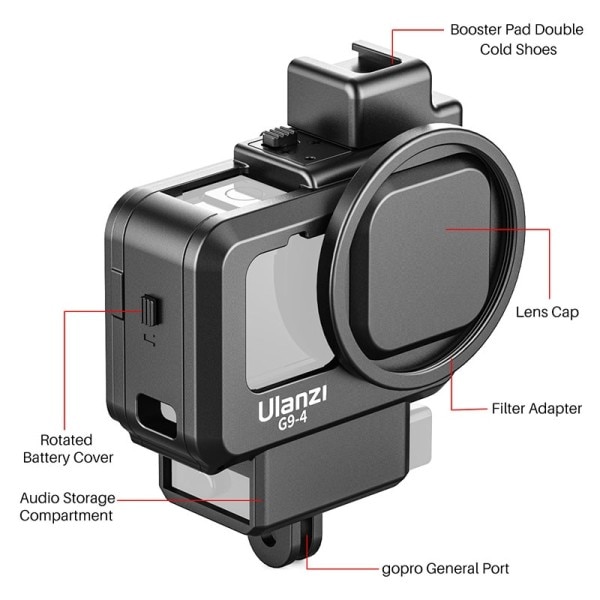 Plast Kamera Cage For GoPro Hero 11 10 9 Black Hoss Case Mic and Fill Light Cold Shoe Vlog Tilbehør