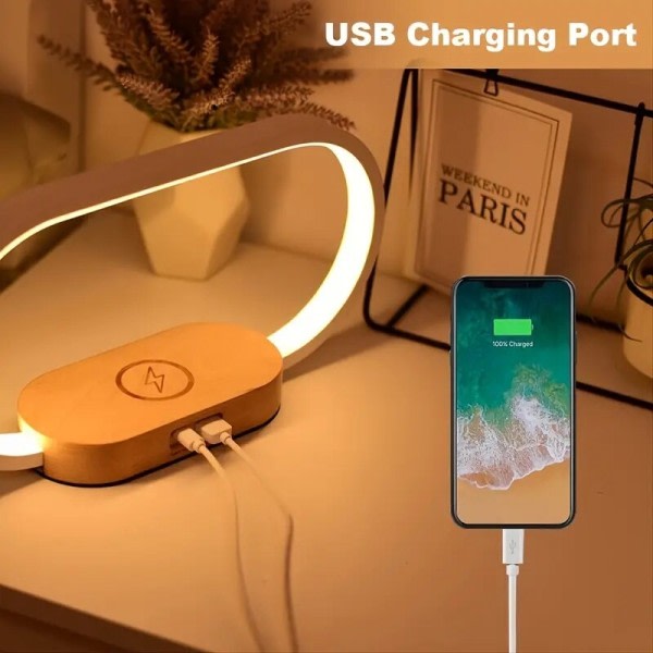 Multifunksjon Trådløs lader Pad Stativ Klokke LED Skrivebord Lampe Natt Lys USB Port Rask Lading Stasjon Dokk