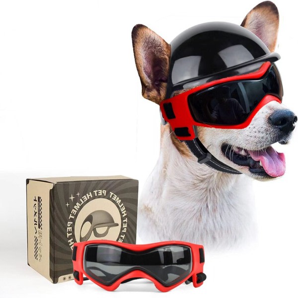 Hunde solbriller Kjæledyr hjelm sett med hund briller støv vind UV beskyttelse hund briller
