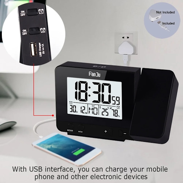 Alarm Klokke Digital Dato Slumre Funksjon Bakgrunnslys Klokke Vegg Projektor Skrivebord Bord LED Klokke