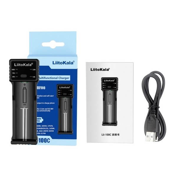 LiitoKala Lii-100C 21700 Batteri Oplader Til 18650 18350 26650 16340 RCR123  14500 3,7V 1,2V Ni-MH Ni-Cd 2A USB smart opladning 8559 | Fyndiq
