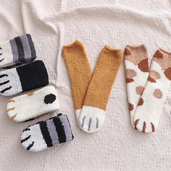 6 par katt klo plysch strumpor korall fleece söt höst och vinter kvinnor’s strumpor
