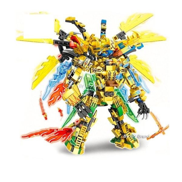 4i1 Ninja Golden Warrior Robot Mech 2 Heads Flying Dragons Set Fighter Figurs Byggnadsblock Leksaker
