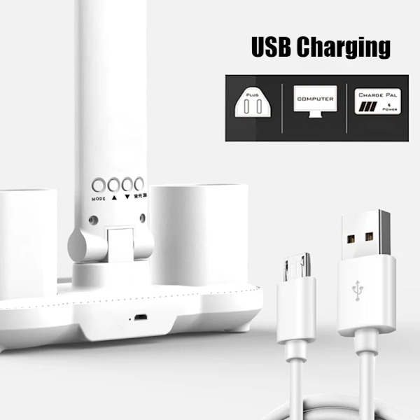 3i1 Multifunktion Bord Lampa LED Fyrhövdad Fallbar Med Fläkt Kalender Klocka USB Uppladdningsbar Skrivbordslampa 3 färg Läs Lampa