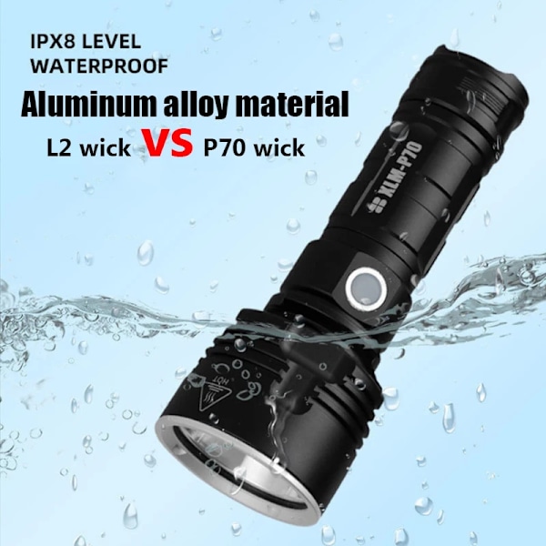 Super Ljus Hög Power Led Ficklampa P70 USB Uppladdningsbar Ficklampa