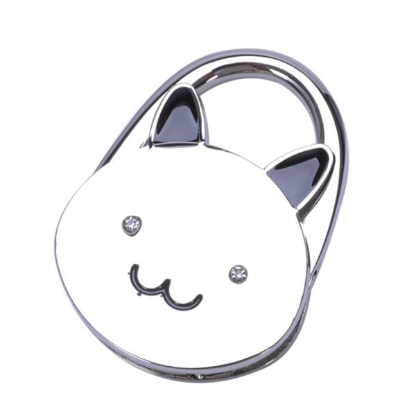 Cat Cartoon Vikbar Silver Tone Handväska Hook Antislip Gummi Base väska hållare