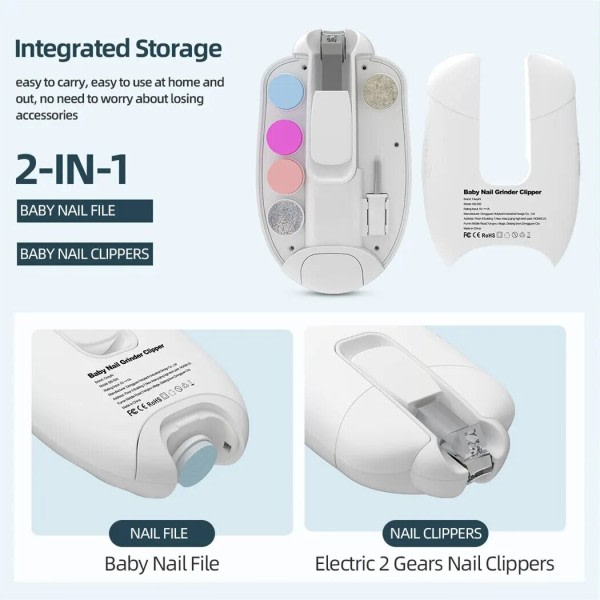 2 in 1 sähköinen kynsileikkuri lapsille hiljainen vauvan kynsileikkuri LEDillä nopeus säädettävä kiillotus työkalut manikyyri setti