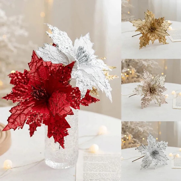 Glitter kunstig jule blomster jule træ pynt hjem falske blomster jule pynt