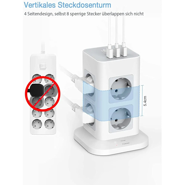 Tower Power Strip Multi Uttag med USB, 2M Förlängningskabel EU kontakt Vertikal Elektrisk Socket Överspänningsskydd för hem