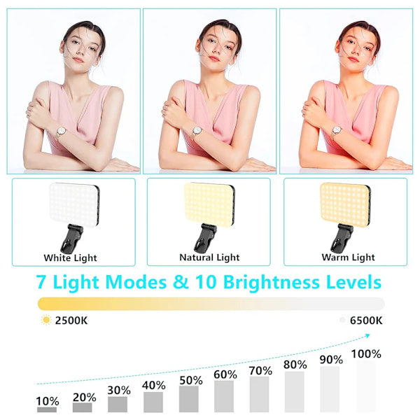 Minifokus Selfie Ljus 60 LED 2200mAh Uppladdningsbar Cell Phone Fill Light 7 Modes 10-Level Lightness, Portable Clip-on Light