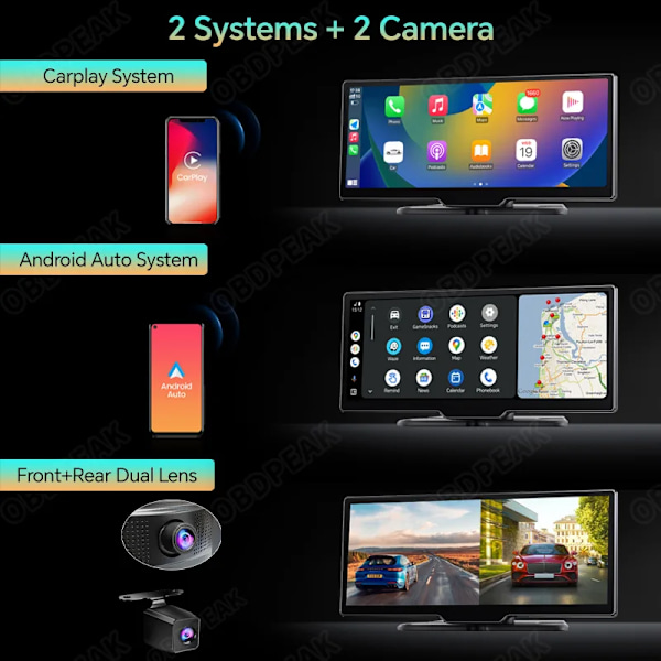 10,26" Dash Cam Rearview Kamera Wifi Carplay & Android Auto 4K DVR GPS Navigation Video Inspelare